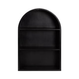 Black wooden wall shelf with an arched top and three horizontal compartments, shown against a white background.