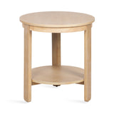 Round wood side table with light natural finish, featuring a flat tabletop and a lower circular shelf supported by four straight legs.