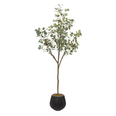 Kate and Laurel Eudora faux eucalyptus tree with soft green leaves in a black nursery pot