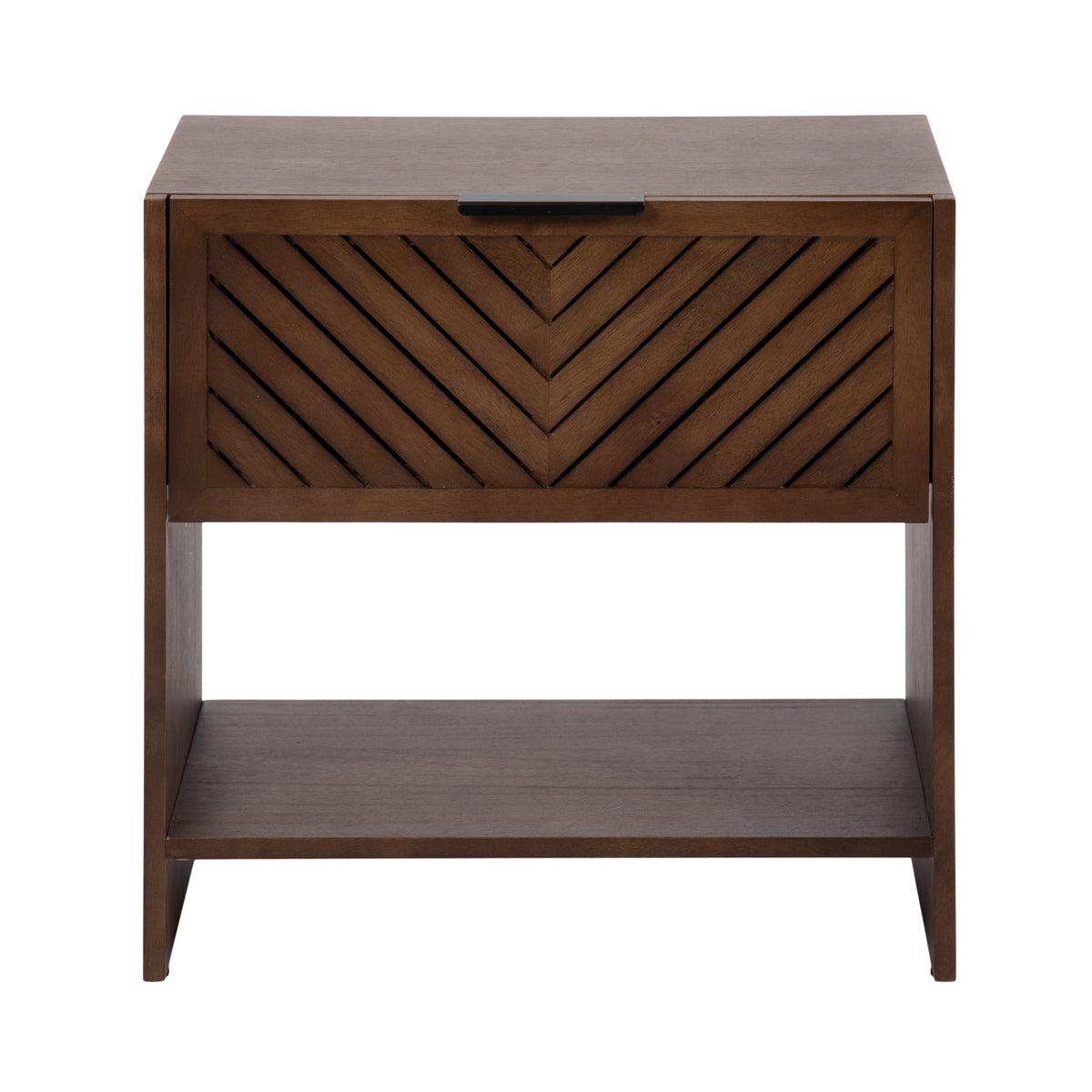 Square dark wood side table with a front drawer featuring a chevron pattern and a flat open shelf below, shown from the front against white background.