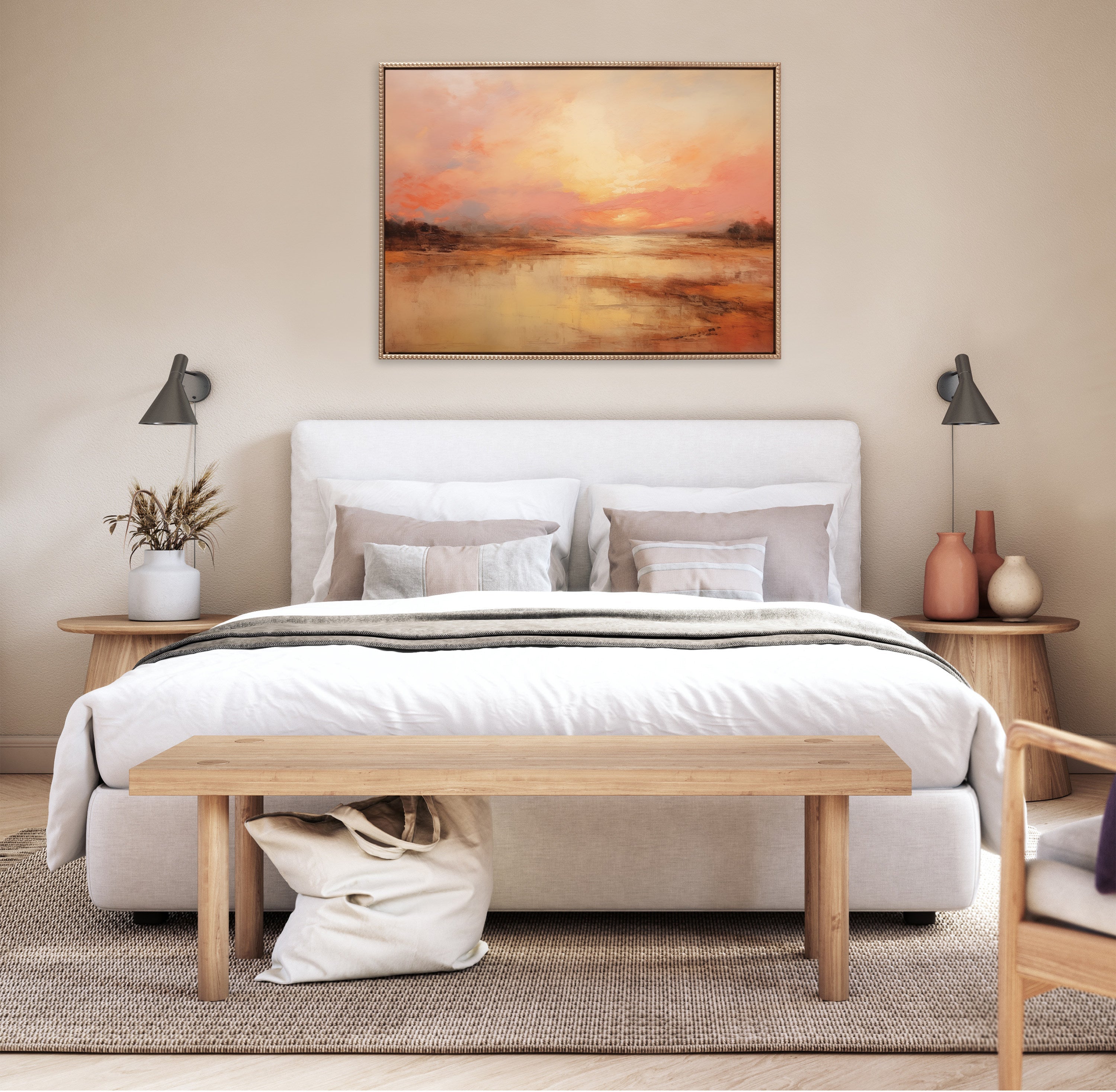 Sylvie Beaded Peach Landscape Framed Canvas by The Creative Bunch Studio
