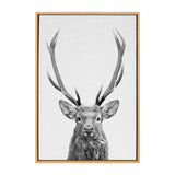 Black and white framed canvas print of a red deer head with prominent antlers on a white textured background.