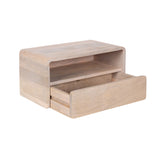 Small rectangular light wood side table with rounded edges, featuring an open shelf and a partially open drawer in front.