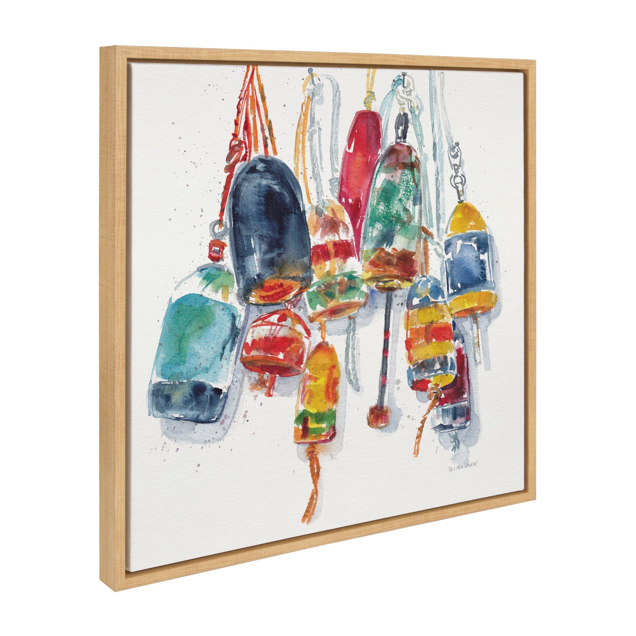 Sylvie Vintage Buoys framed watercolor boating art by Patricia Shaw in a natural polystyrene frame