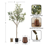 Six-foot tall faux eucalyptus tree with detailed round green leaves, black planter with moss, copper-colored planter included, and simple assembly shown.