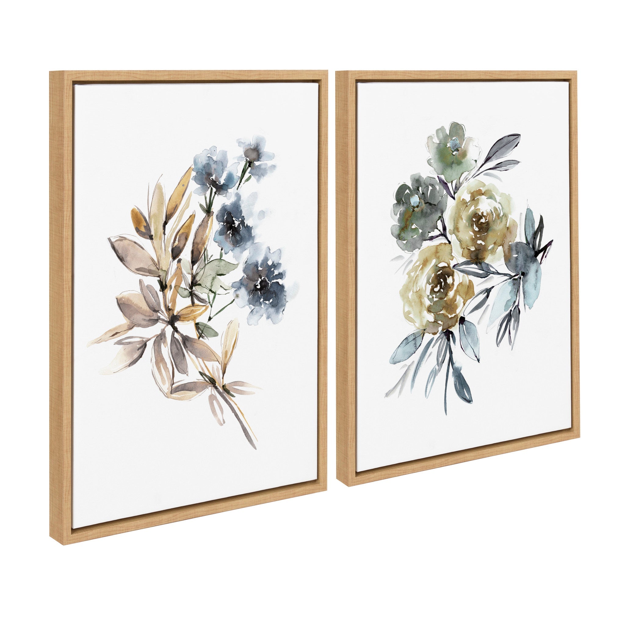 Sylvie Yellow Roses and Muted Blue Flowers Framed Canvas Art Set by Sara Berrenson