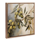 Framed painting of olive branches with green olives and elongated leaves against a muted, textured background in earthy tones.
