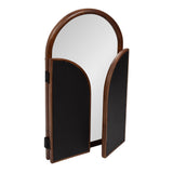 Tri-fold mirror with an arched top and wooden frame, featuring two hinged side panels with black backs, shown partially open against a white background.