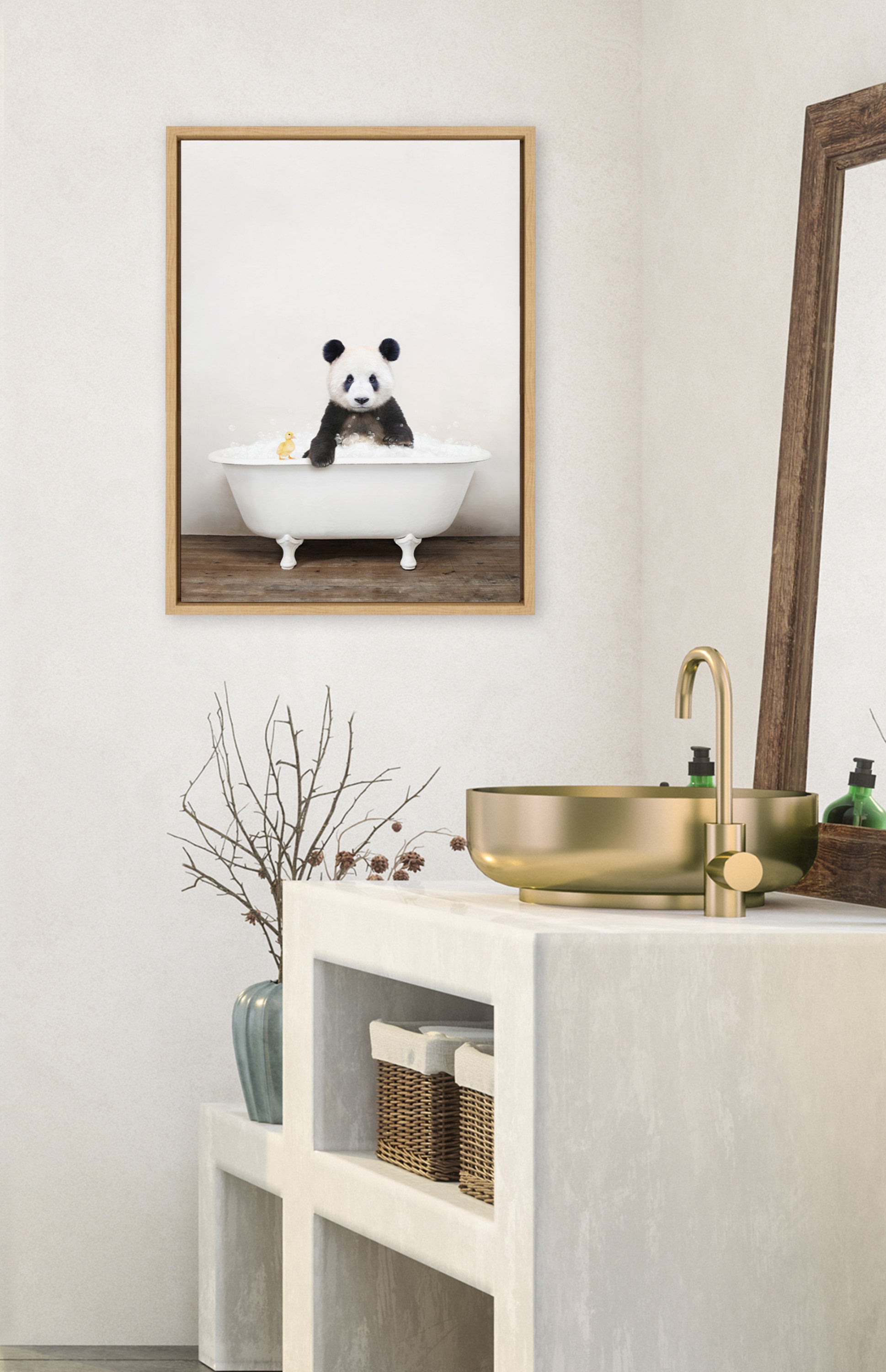 Sylvie Panda Waving in Rustic Bath Framed Canvas by kateandlaurel - product image 4 for Resin Society