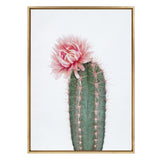 Vertical green cactus with prominent vertical ribs and sharp pinkish spines, topped by a large, soft pink cactus flower, shown against a white background in a wooden frame.