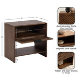Compact wooden side table with chevron-patterned drop-down door, magnetic closure, and two open shelves for storage, measuring 22 by 14 by 22 inches.