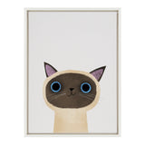 Framed minimalist painting of a Siamese cat's head with dark brown face, bright blue eyes, beige fur, and pink ears on a white background.