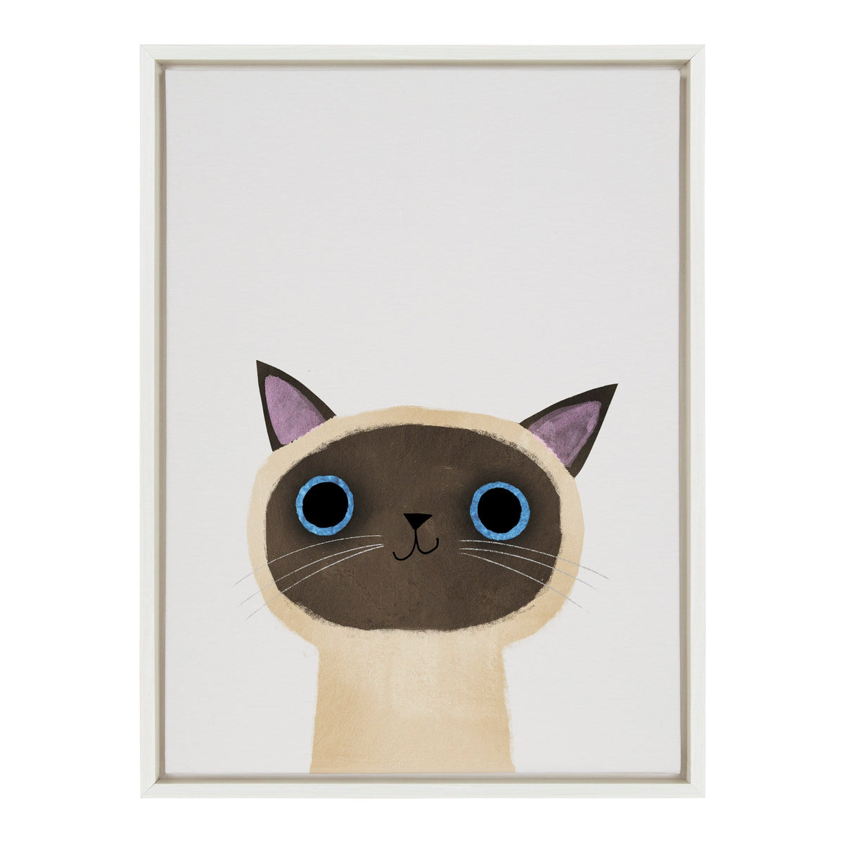 Framed minimalist painting of a Siamese cat's head with dark brown face, bright blue eyes, beige fur, and pink ears on a white background.