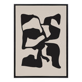 Abstract framed canvas with irregular black shapes on a tan background, featuring distorted organic forms in a balanced vertical composition.