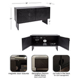 Black wooden TV stand with chevron slatted doors, magnetic door closures, and back cutouts for cord management; shown closed, open with interior dimensions, and door detail close-ups.