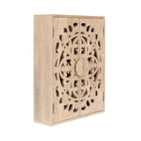 Light wood wall cabinet with intricately carved symmetrical floral and circular patterns on double doors, shown angled slightly from the side.