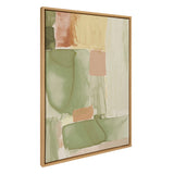 Abstract painting with large soft blocks of muted green, beige, peach, and cream tones in a natural wood frame, viewed at slight angle.