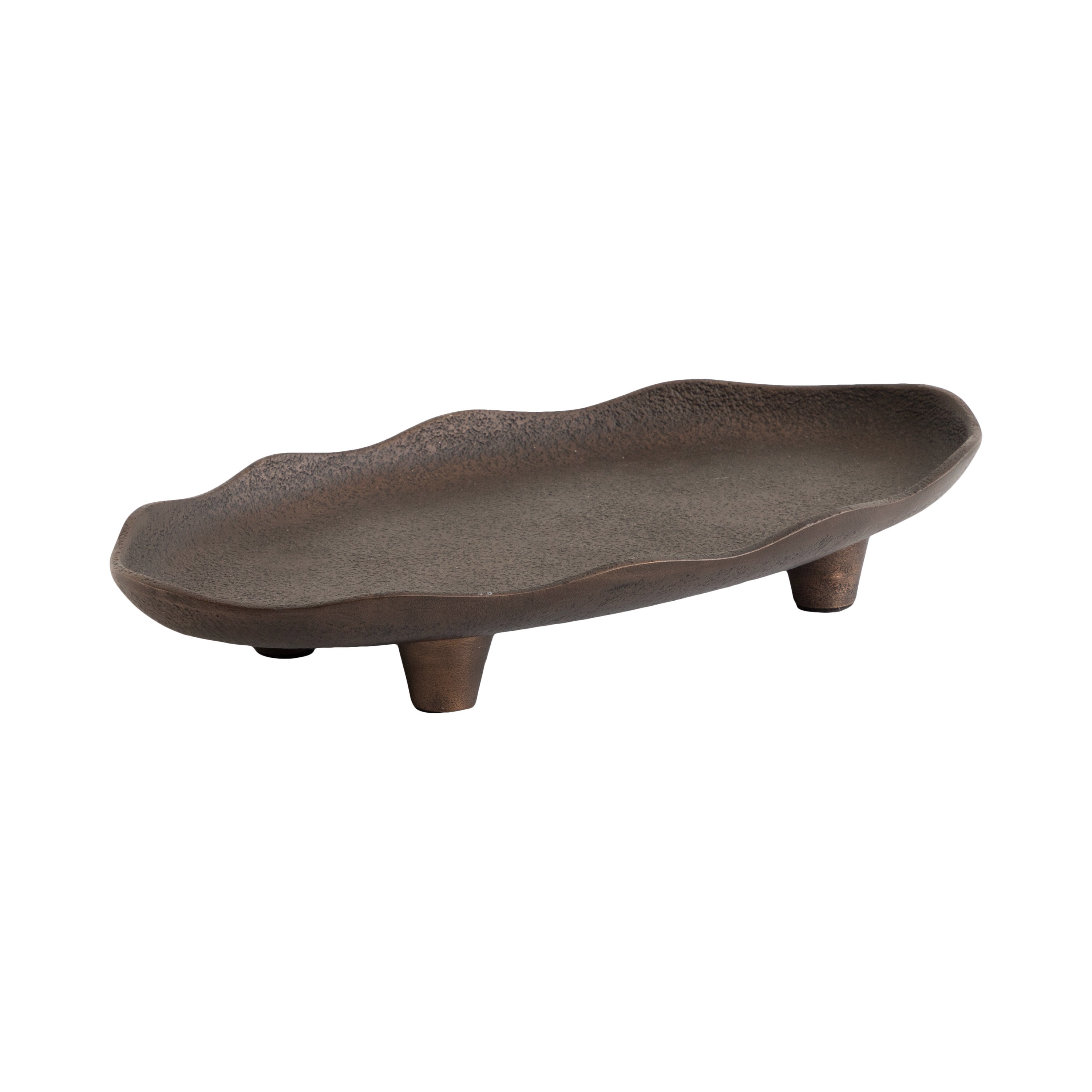 Alessia Oval Decorative Tray in bronze color with rough-hewn texture and deckled edges, resting on a wooden table