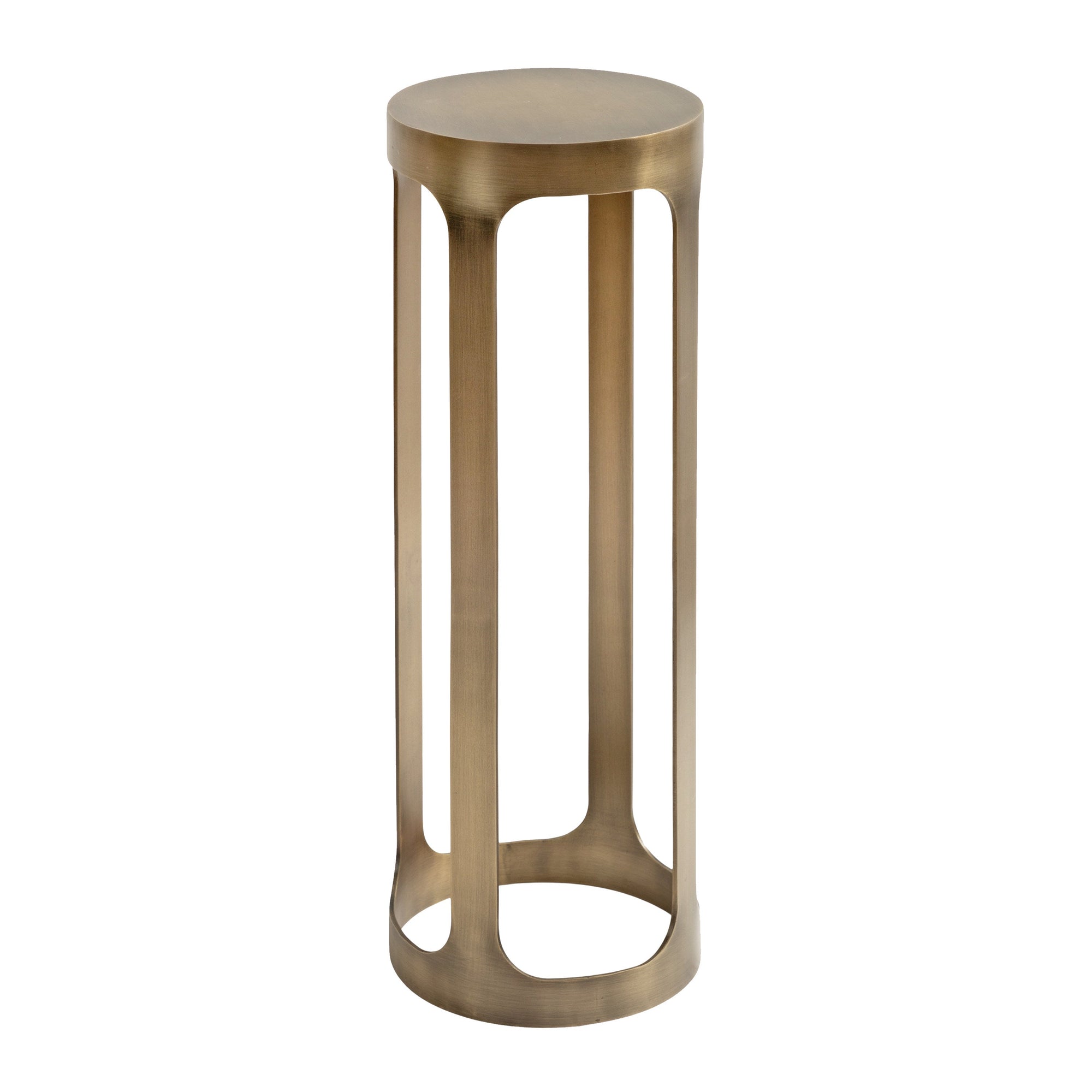 Dahl Metal Drink Table in pewter color with round slatted top and metal risers