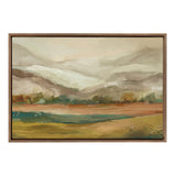 Framed canvas painting of muted earth-toned mountains and fields with soft green, brown, and tan hues under a cloudy sky.