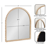 Arched wall mirror with a natural light wood frame featuring a stepped shape and round bead detailing along the edge, shown with D-ring hangers on the back.