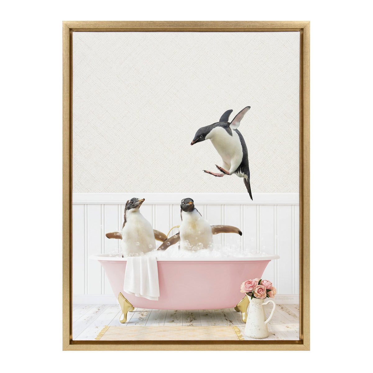 Sylvie Penguins Playing in Cottage Rose Bath Framed Canvas by kateandlaurel - product image 2 for Resin Society