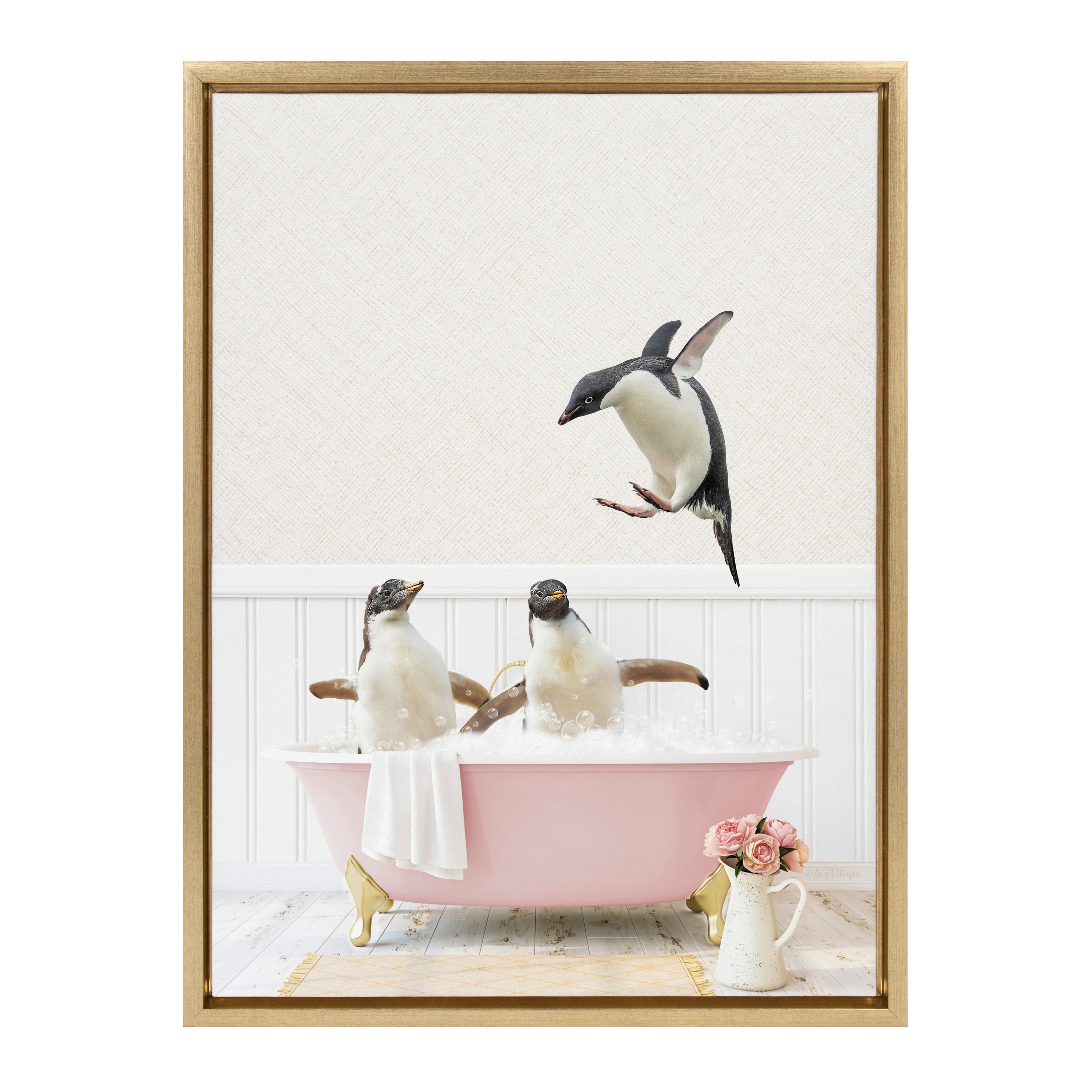 Sylvie Penguins Playing in Cottage Rose Bath Framed Canvas by kateandlaurel - product image 2 for Resin Society