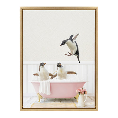Sylvie Penguins Playing in Cottage Rose Bath Framed Canvas by kateandlaurel - product image 2 for Resin Society