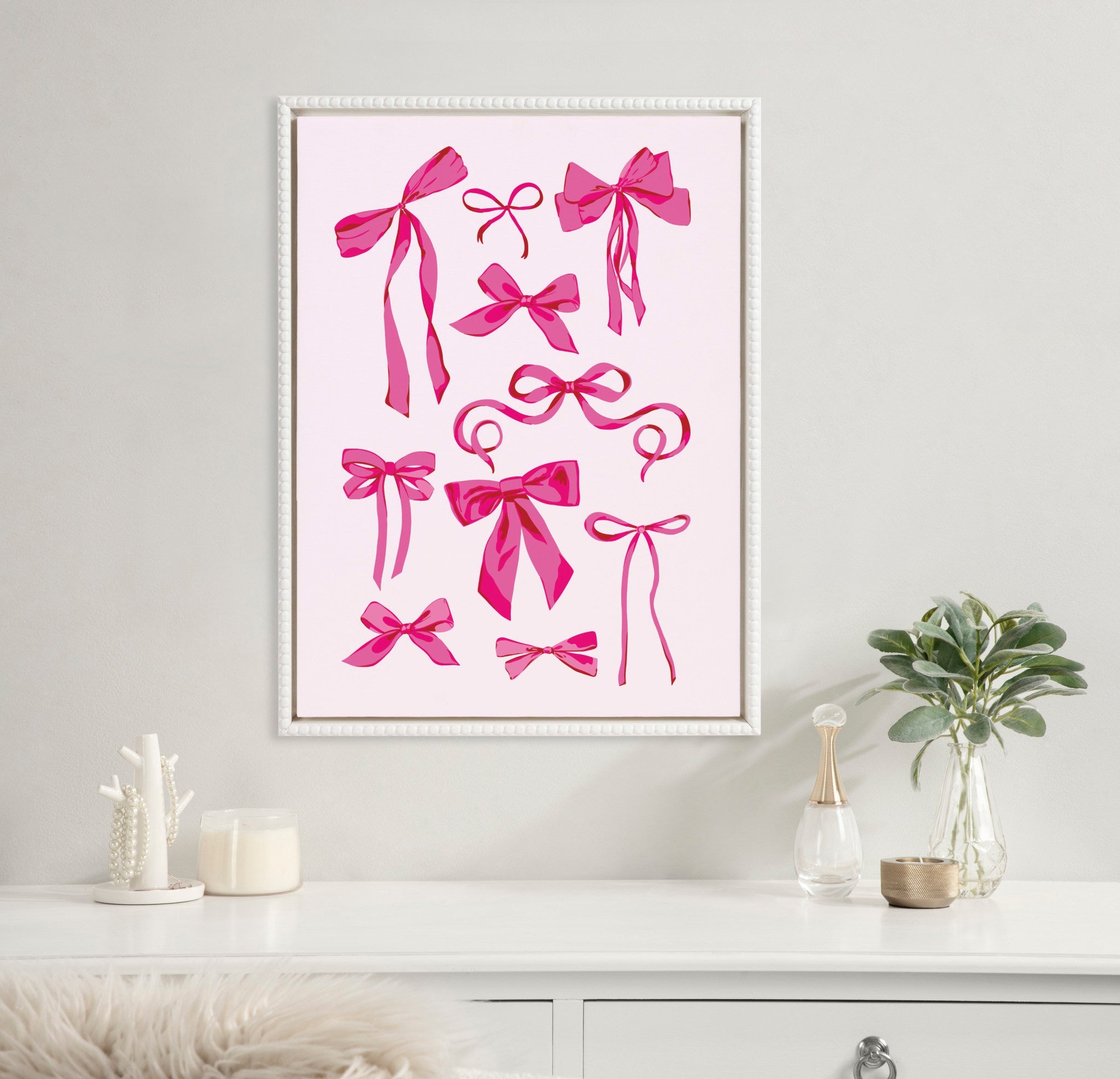Sylvie Beaded Pink Bows Framed Canvas by Honey Island Studio