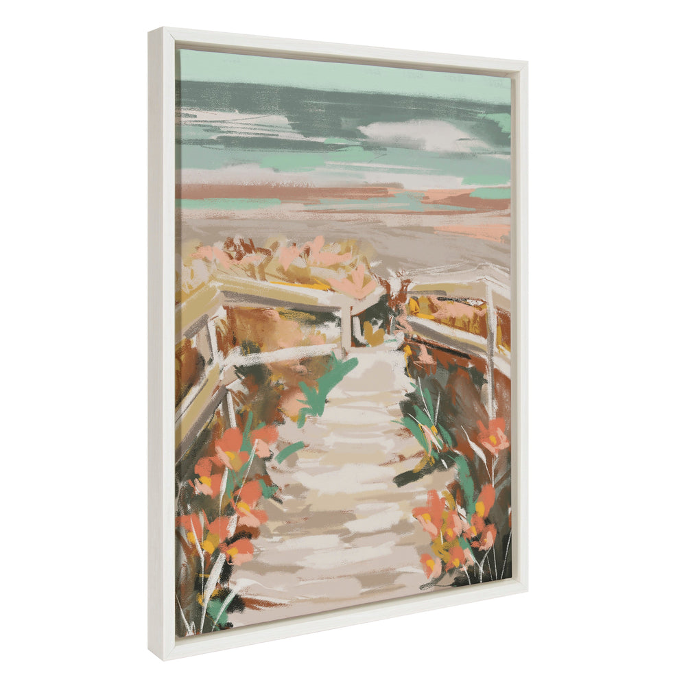 Sylvie Landscape 08 Beach Framed Canvas showing a watercolor beach scene in a modern natural wood floating frame