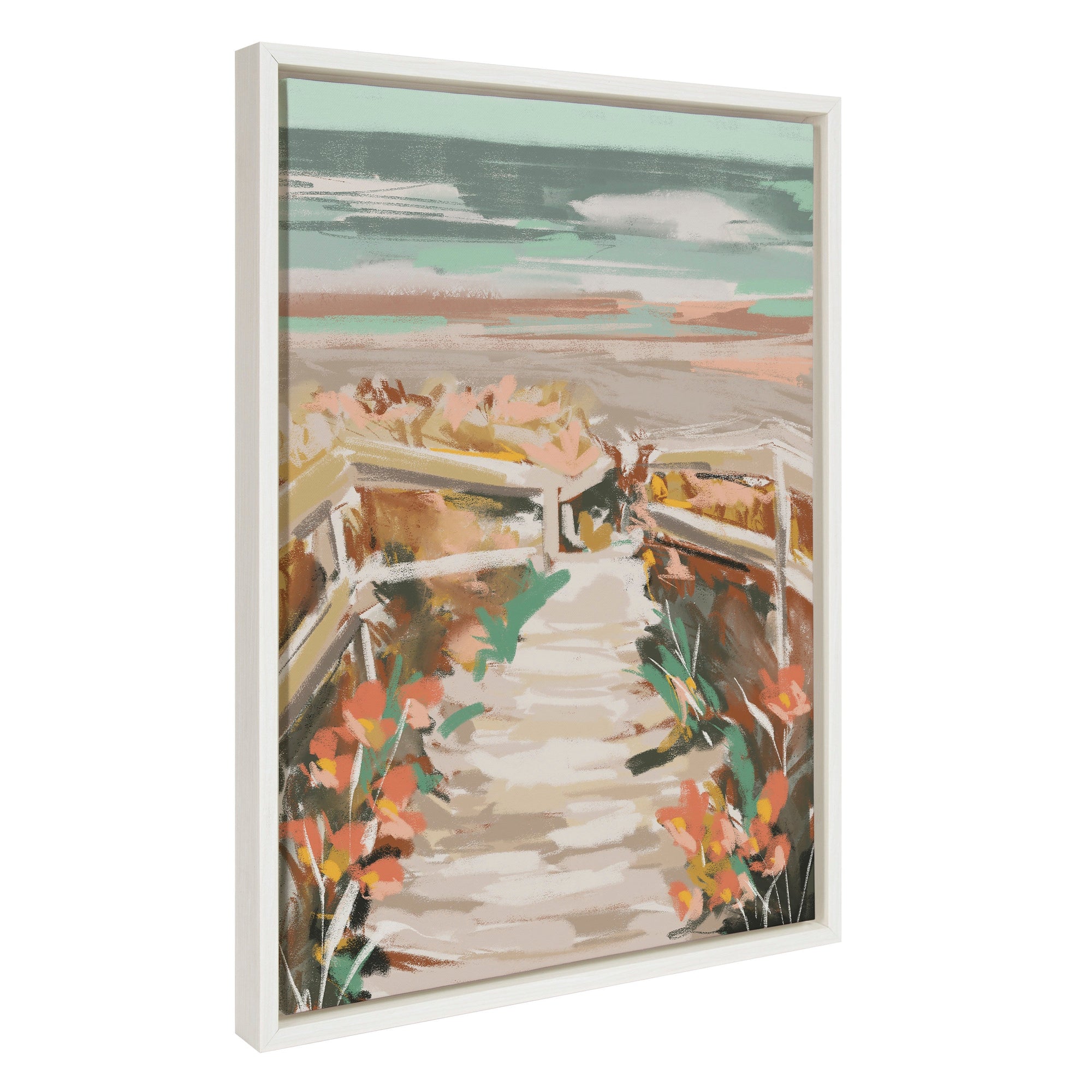 Sylvie Landscape 08 Beach Framed Canvas showing a watercolor beach scene in a modern natural wood floating frame