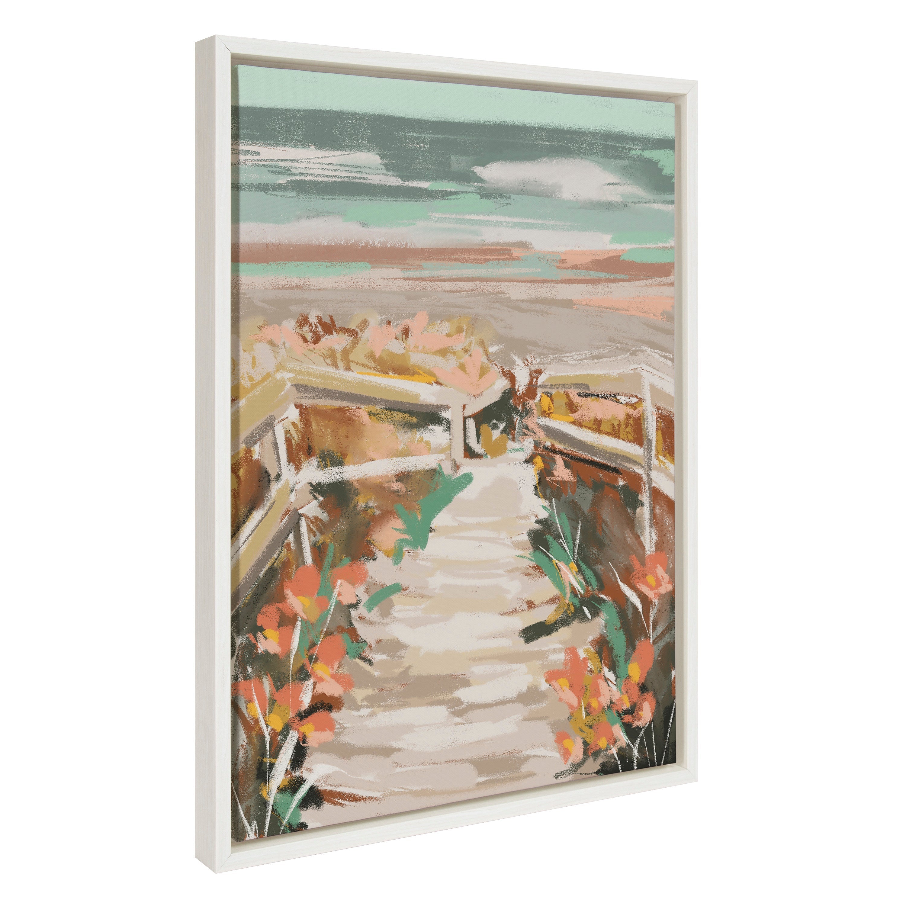 Sylvie Landscape 08 Beach Framed Canvas showing a watercolor beach scene in a modern natural wood floating frame