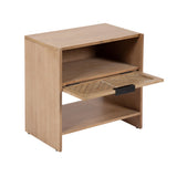 Light wood side table with an open shelf above a hinged panel featuring diagonal slats and a black rectangular handle, resting on a lower open shelf.