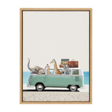Illustration of a light green vintage van carrying an elephant, two giraffes, a zebra, and stacked suitcases by a beach with blue ocean and sky background.