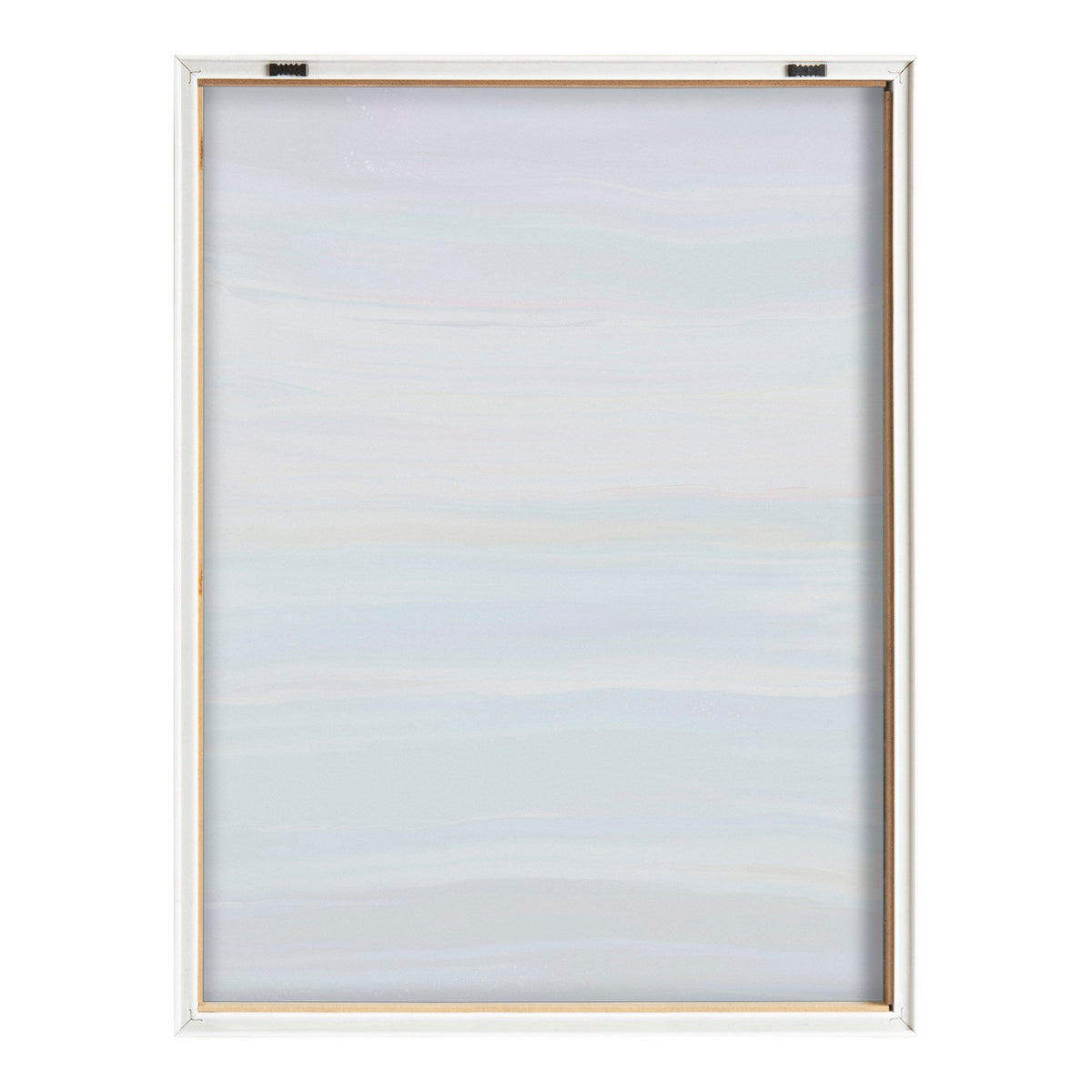 Framed printed art with soft horizontal pastel brushstrokes in pale blues, pinks, and grays, evoking a calm seaside atmosphere.