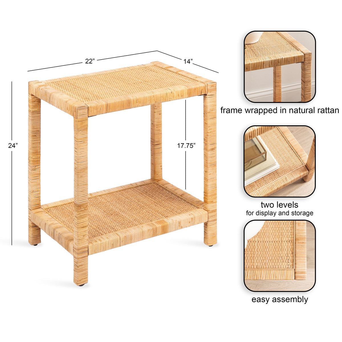 Rectangular two-level side table wrapped in natural rattan with woven surfaces and a light tan finish, featuring simple straight legs and a compact frame.