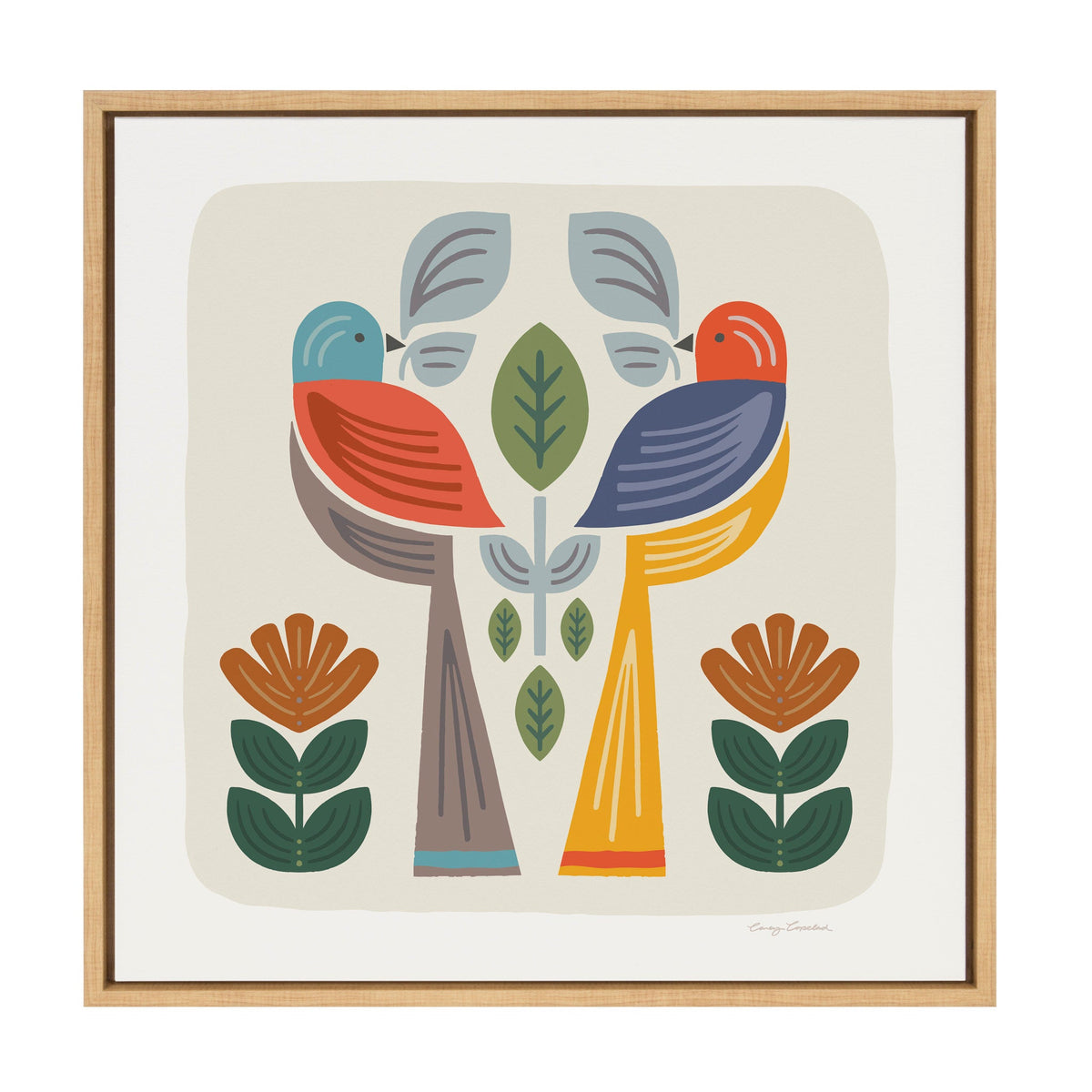 Stylized folk art illustration of two colorful birds perched facing each other on symmetrical tree trunks with green and orange leaves, framed in light wood.