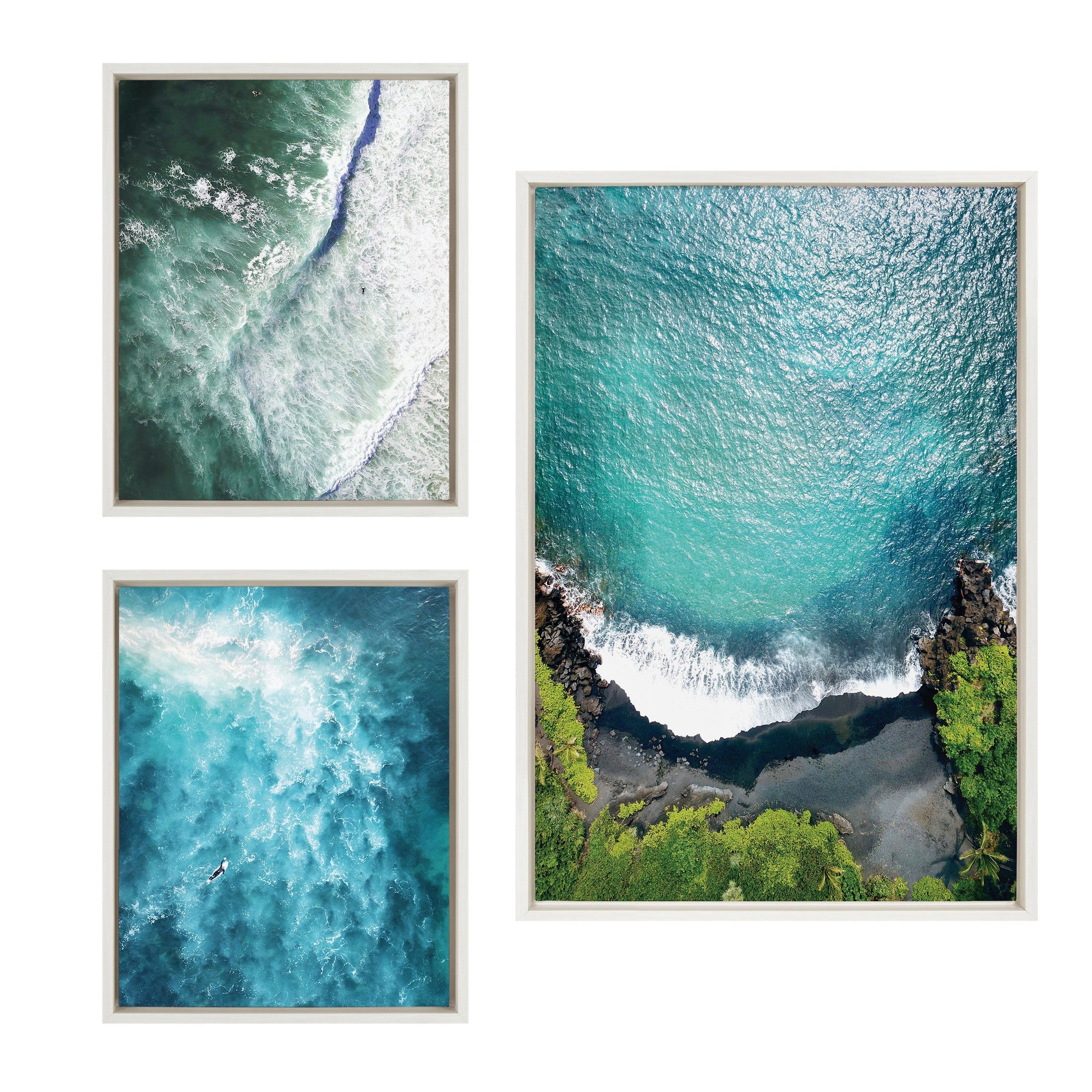 Sylvie Maui Black Sands Beach 3-piece framed canvas set by Rachel Bolgov showing coastal beach scenes