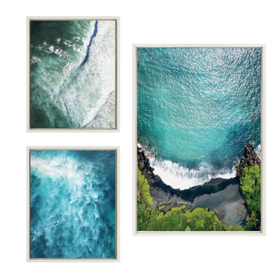 Sylvie Maui Black Sands Beach 3-piece framed canvas set by Rachel Bolgov showing coastal beach scenes