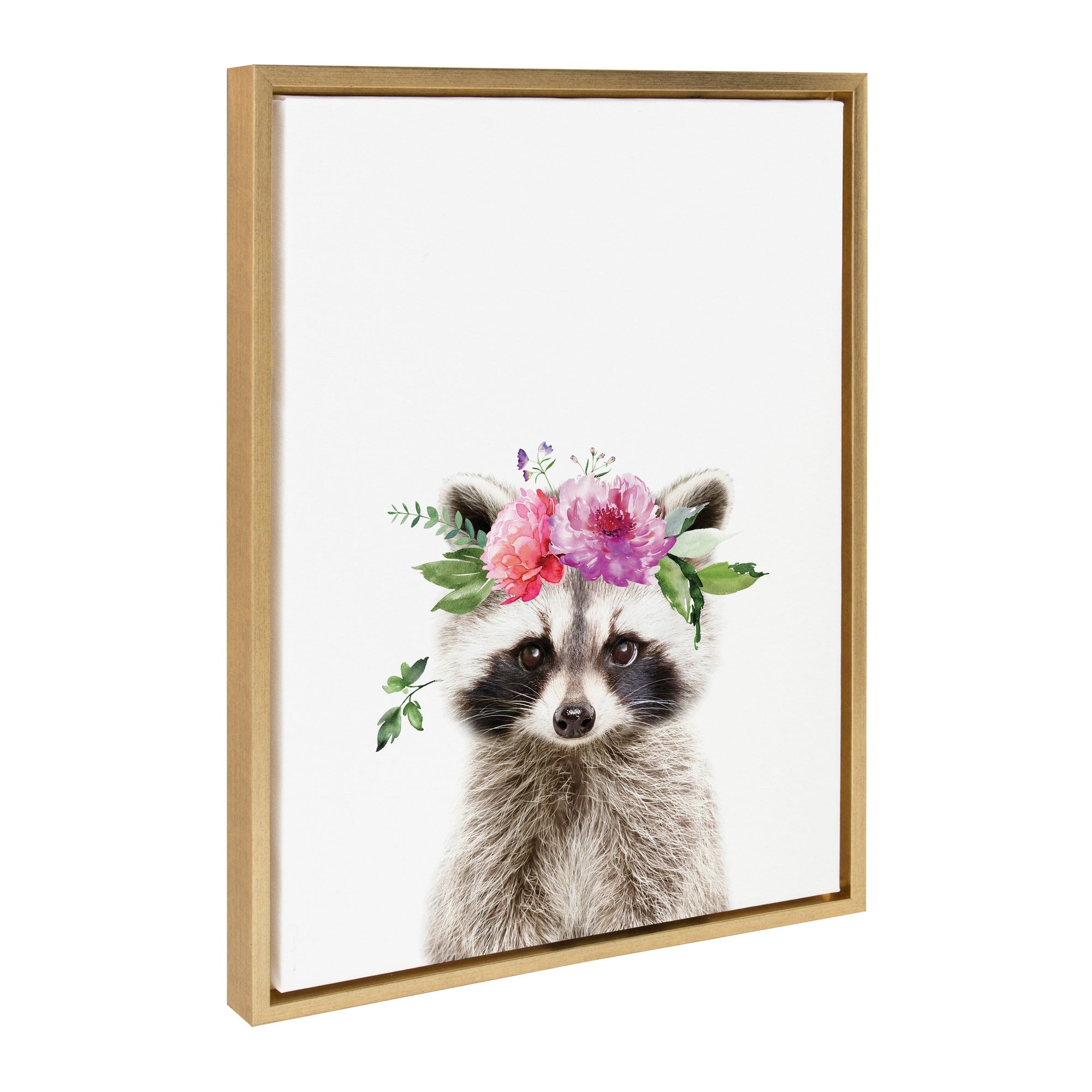 Framed canvas art of a raccoon wearing a flower crown