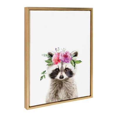 Framed canvas art of a raccoon wearing a flower crown