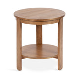 Round wooden side table with natural finish featuring a top and a lower shelf supported by three straight legs.