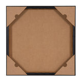 Back view of a square canvas frame with black edges and brown cardboard corner protectors, showing the plain brown backing board in the center.