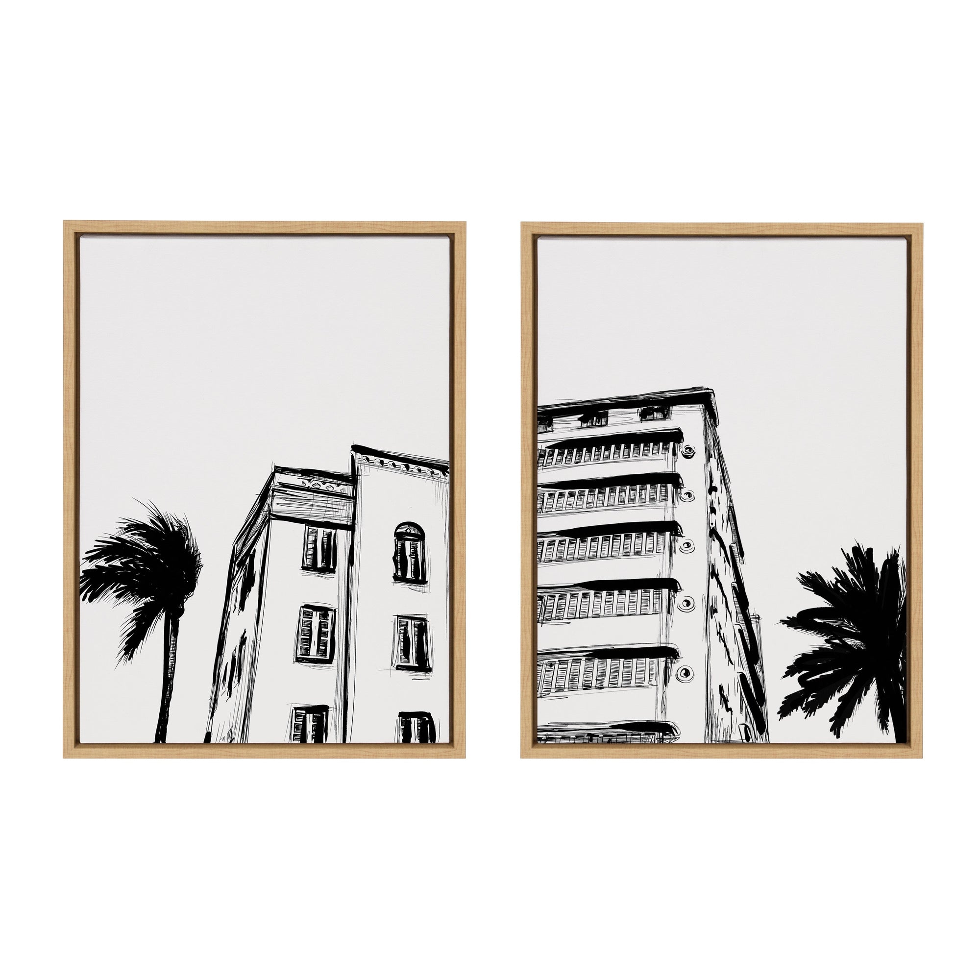 Two framed canvas artworks featuring Miami Beach retro Art Deco architecture in white and bright gold frames