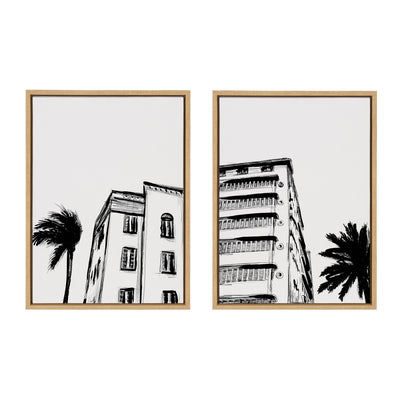 Two framed canvas artworks featuring Miami Beach retro Art Deco architecture in white and bright gold frames
