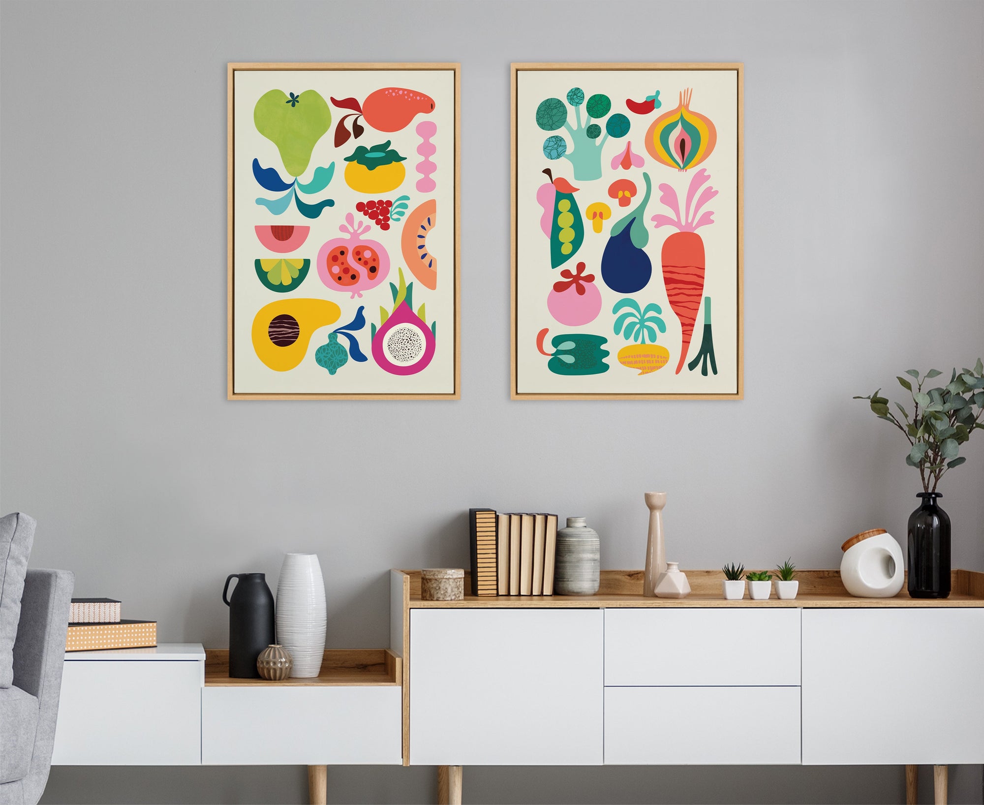 Sylvie Modern Fruits and Modern Veggies Framed Canvas Art Set by Rachel Lee of My Dream Wall