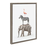 Framed canvas art showing a realistic elephant with a zebra standing on its back and a flamingo perched atop the zebra, against a white background.