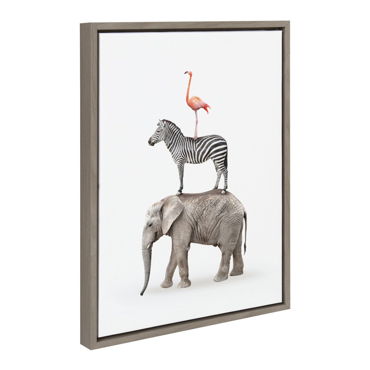 Framed canvas art showing a realistic elephant with a zebra standing on its back and a flamingo perched atop the zebra, against a white background.