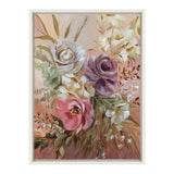 Framed canvas painting of a floral bouquet featuring soft pink, white, and lavender roses with green leaves and abstract background in warm beige tones.