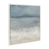 Abstract landscape canvas with soft horizontal layers in muted blue, gray, and cream tones within a white, textured frame.